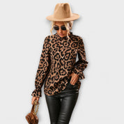 Kayla - Blusa de Leopardo con Cuello Plisado