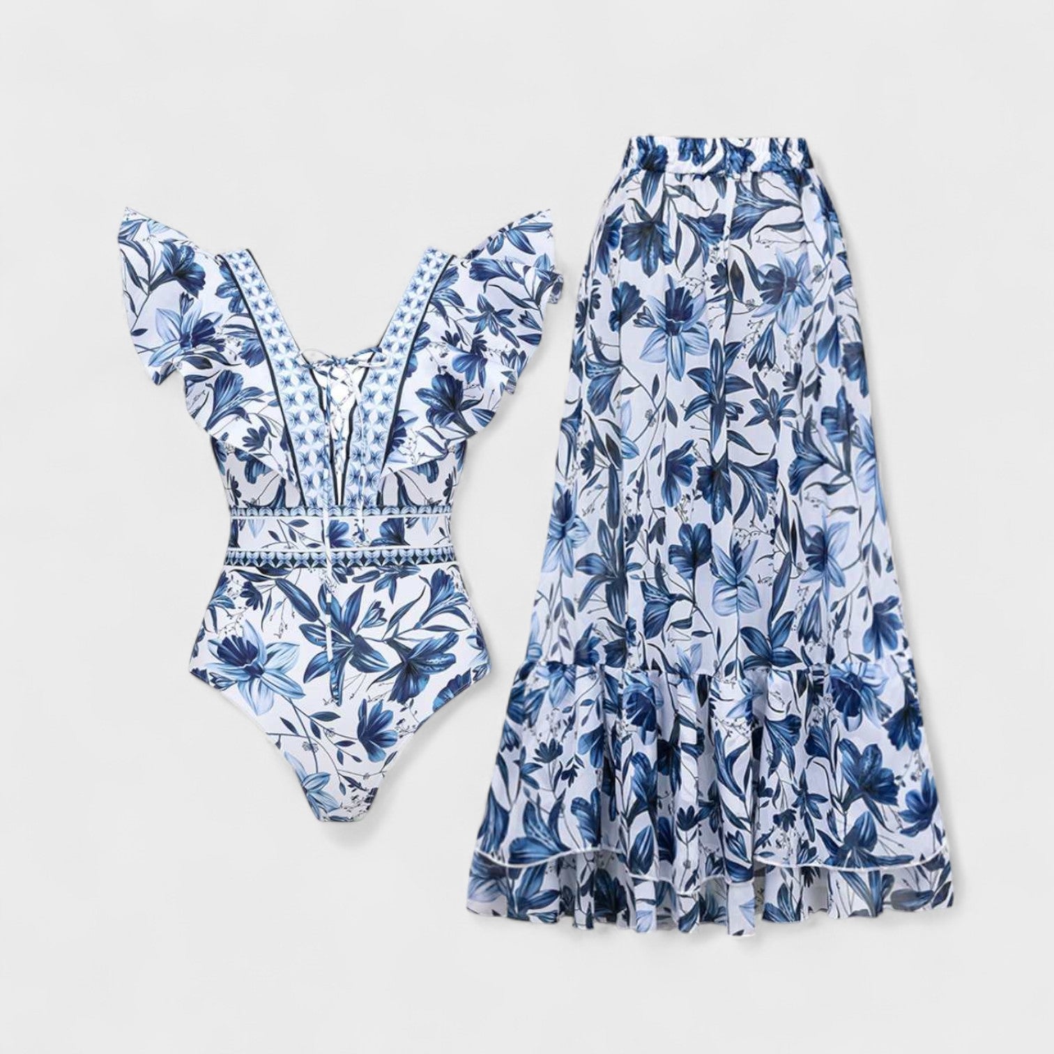 Conjunto Floral Mediterráneo – Bañador con Falda a Juego